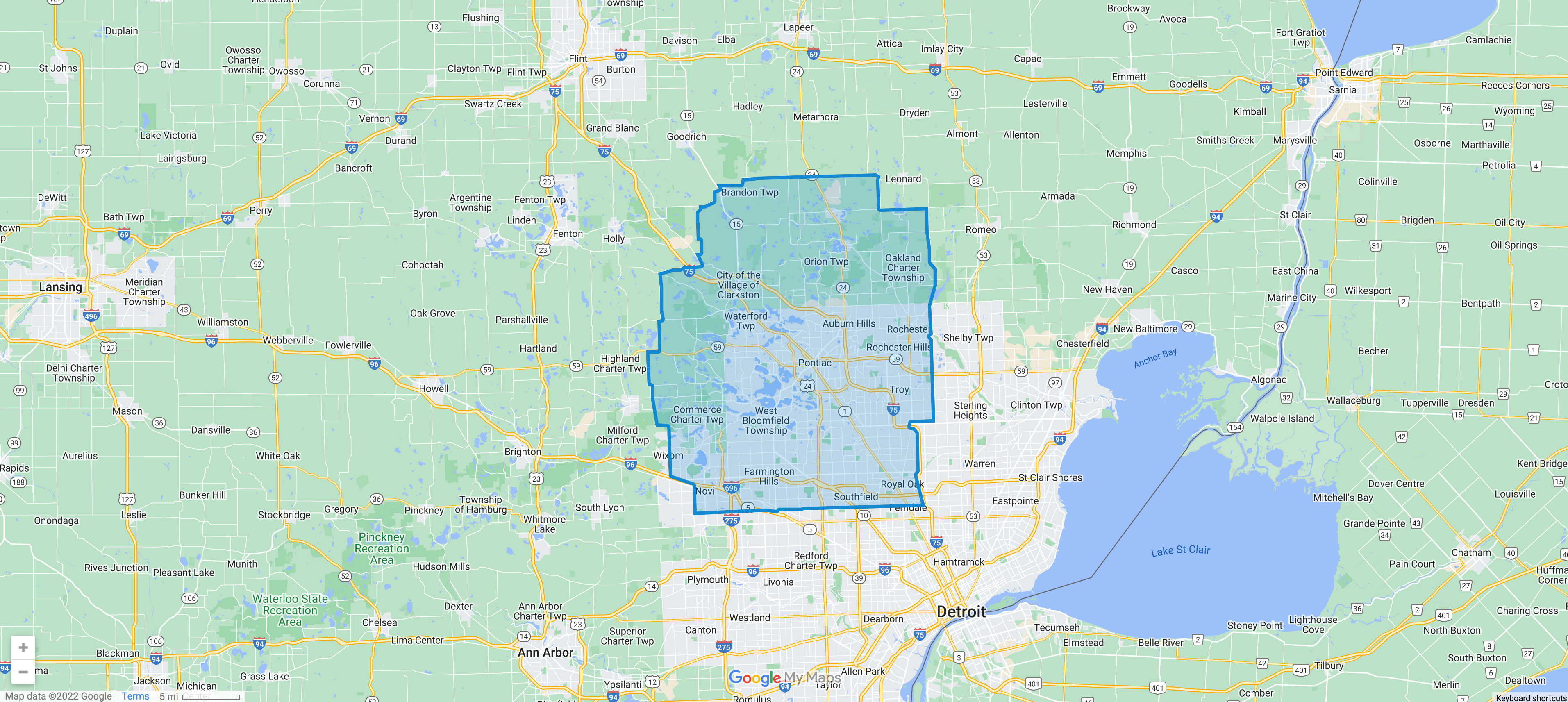 Groom Buggy service area map - approximately a 10 mile radius around Clarkston, MI