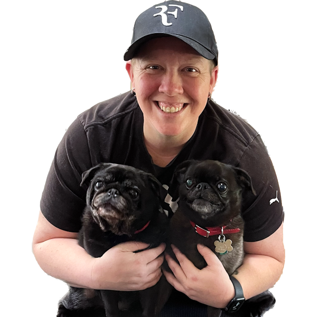 Owner Amy with client pugs Peeps and PNut